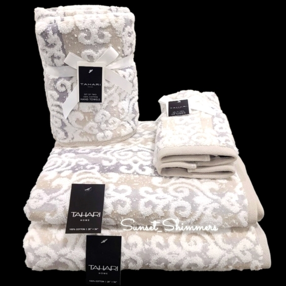 Tahari Bath 6pc Tahari Tan Gray Scroll Damask Luxury Plush Bath